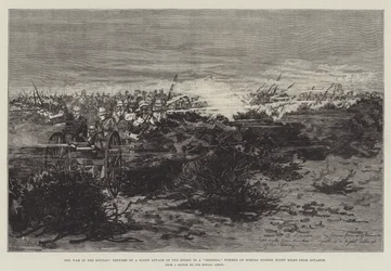 La guerra en Sudán, repulsión de un ataque nocturno del enemigo en un Sereeba, formado por arbustos de mimosa, a ocho millas de Souakim